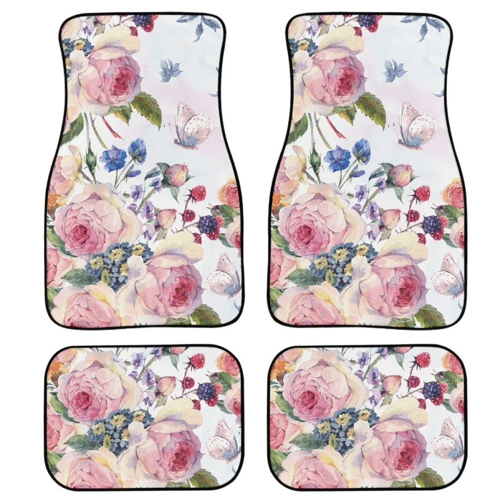 Set of four black printed rubber car foot mats with textured surface, showing 20mm thickness.