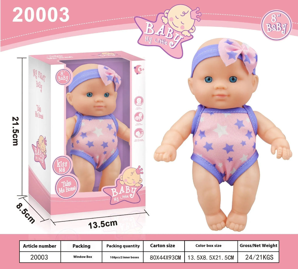 Vinyl baby figurine doll in presentation box, 21.5 cm tall, available in six colours.