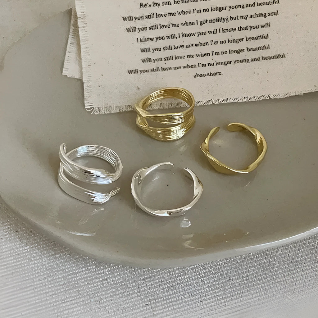Irregular metal opening ring for women, copper with electroplated gold or silver finish, geometric shape