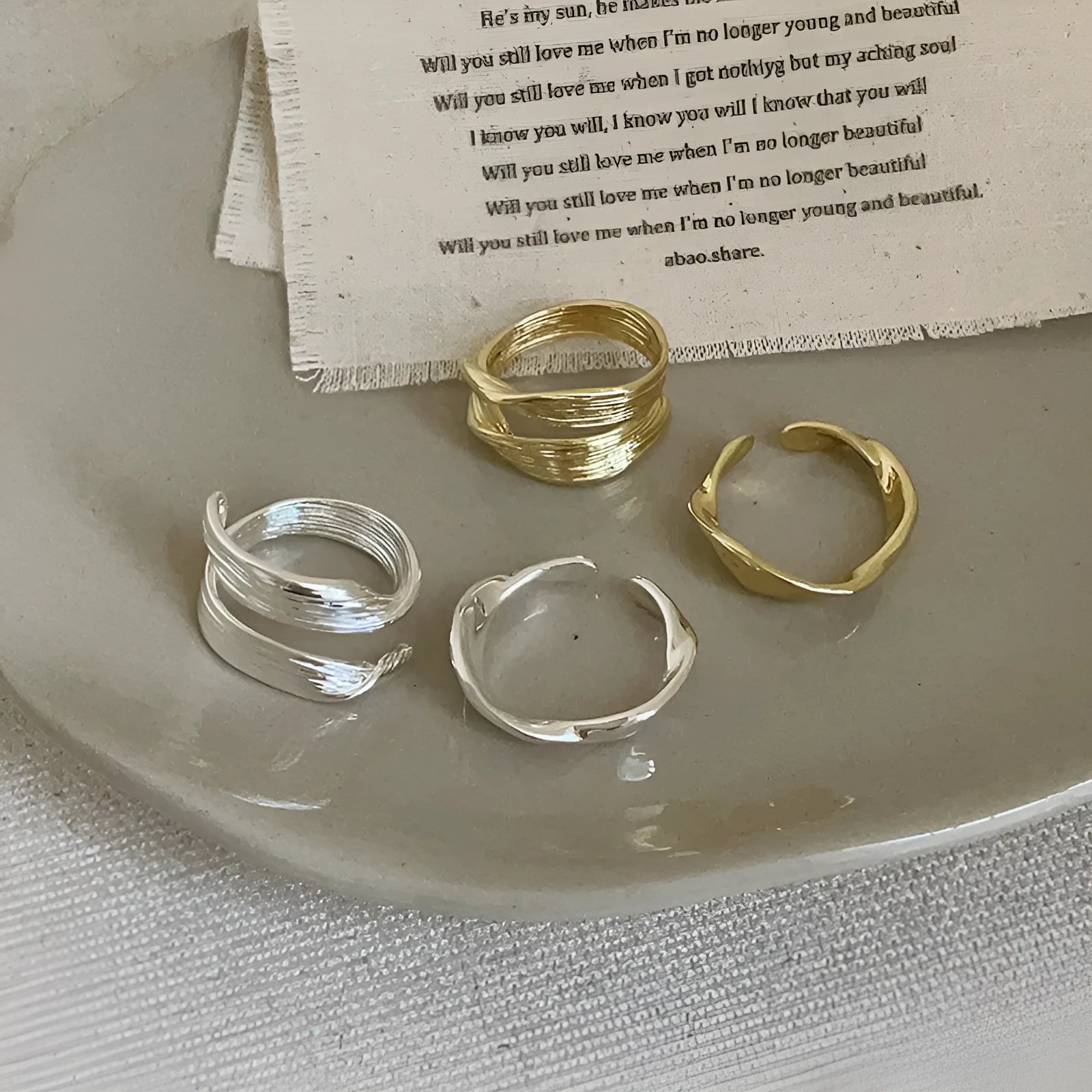 Irregular metal opening ring for women, copper with electroplated gold or silver finish, geometric shape
