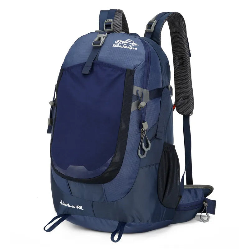 New outdoor 40L backpack in black with waterproof fabric and curved shoulder straps