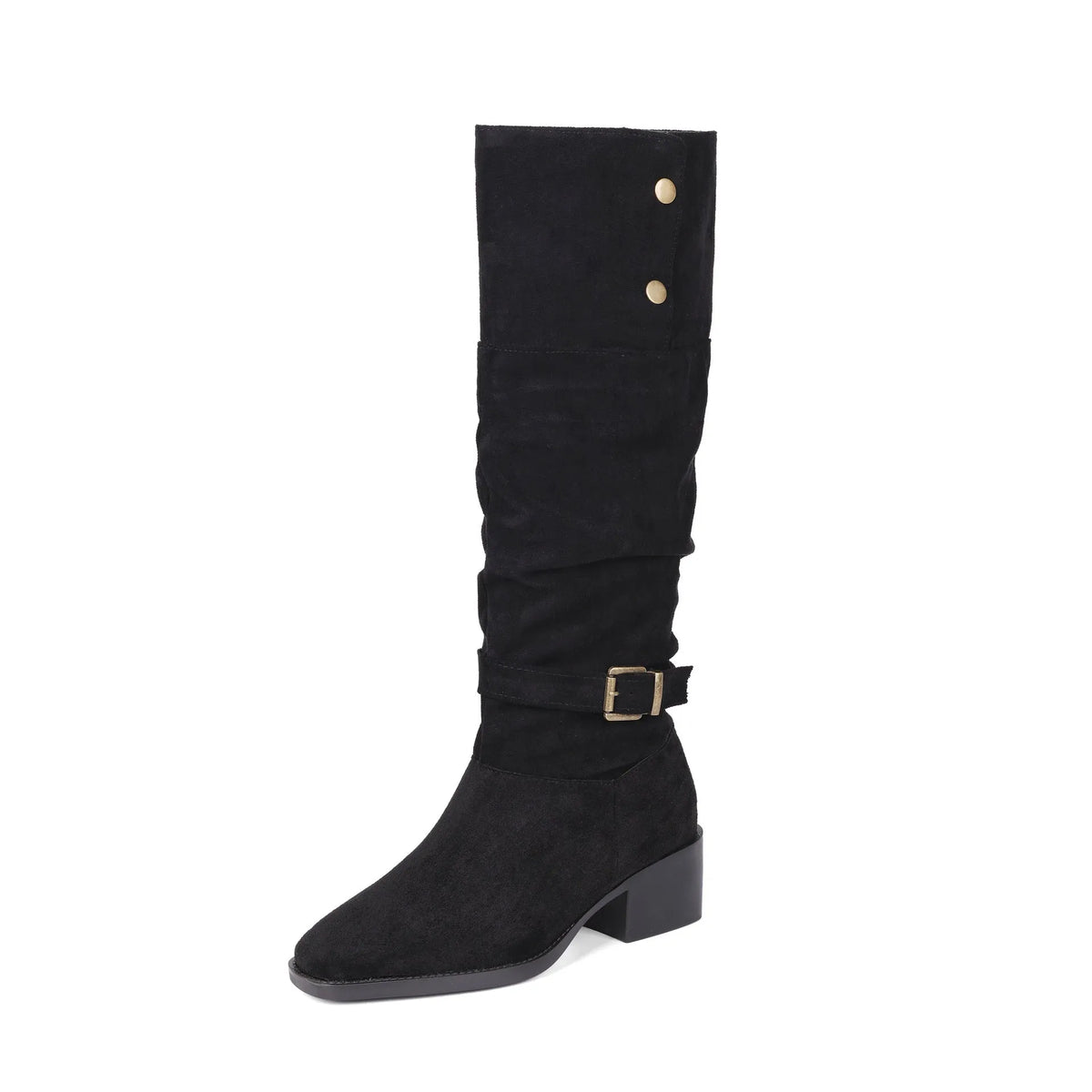 Chunky heel wrinkled stacked ankle Martin boots in khaki, showing hollow out detail and square toe on synthetic leather upper