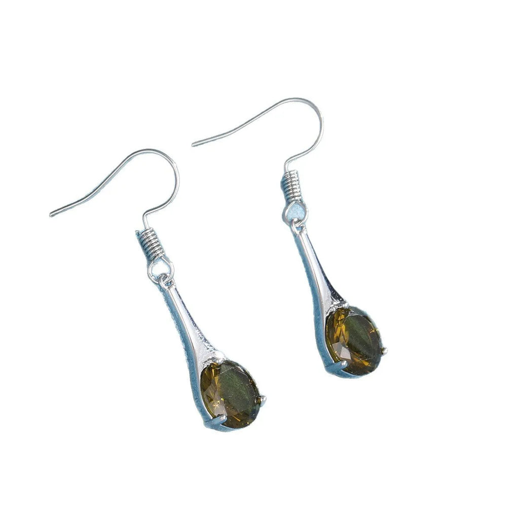 Olive green topaz drop earrings with water drop shape and electroplated alloy construction