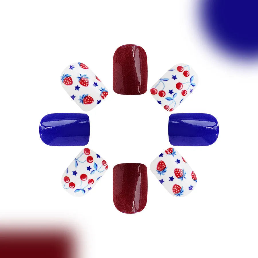 C409 Style glossy red and blue strawberry cherry pattern short nail stickers, pack of 24