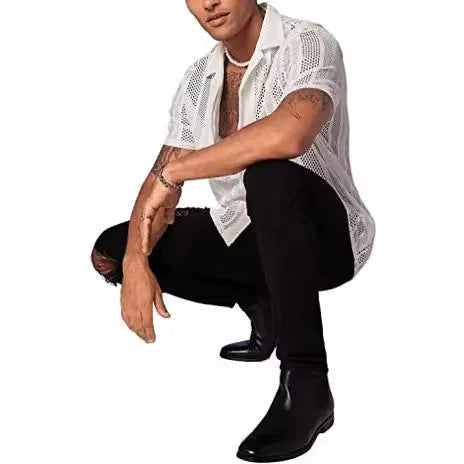 Men's knitted short-sleeve button shirt in black with a cardigan style front.