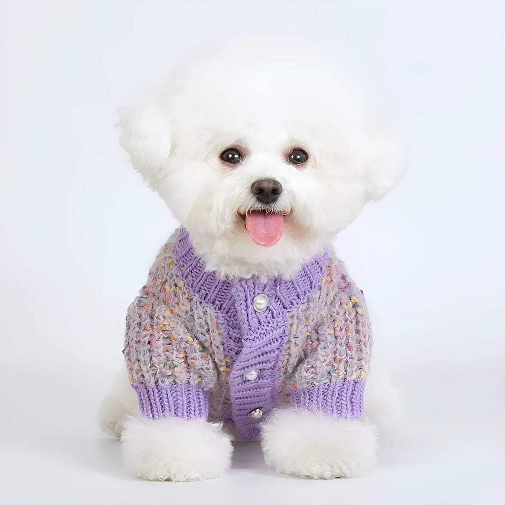 Purple knitted dog cardigan sweater for small dogs in XL and XXL sizes