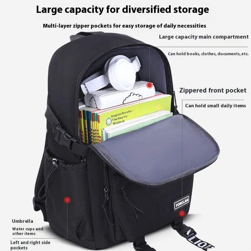 School Trends backpack in black, gray, and purple, made from Oxford cloth with curved shoulder straps for girls grade 4-9