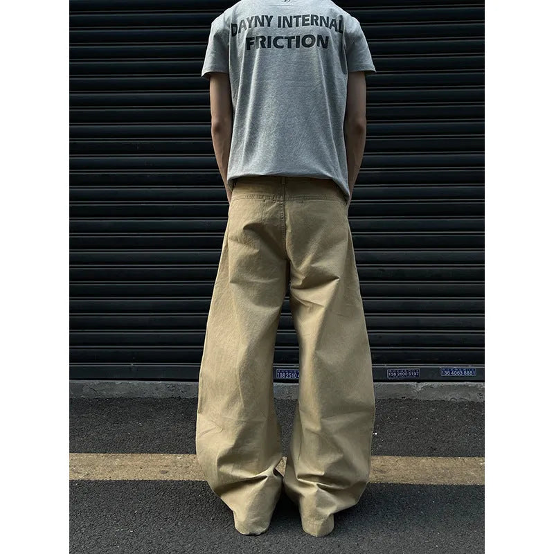 Khaki coloured men's straight leg cotton trousers on a white background
