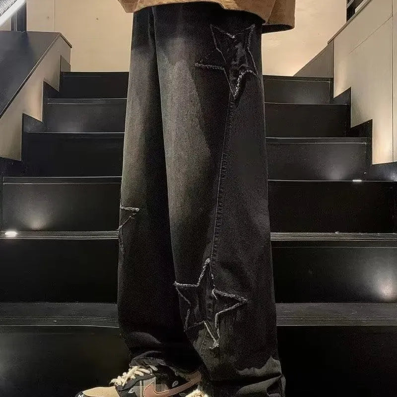 Star embroidery straight leg casual men jeans gothic wide leg hip-hop denim trousers in blue colour