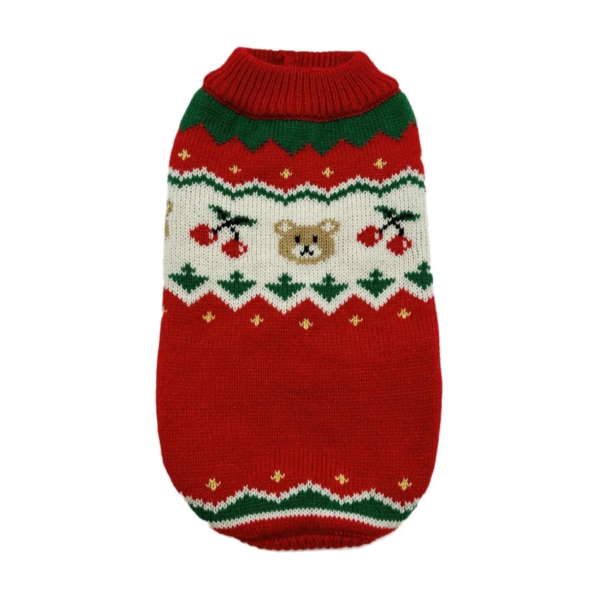Christmas red cherry pet sweater for small dogs and cats on mannequin showing knit fabric texture