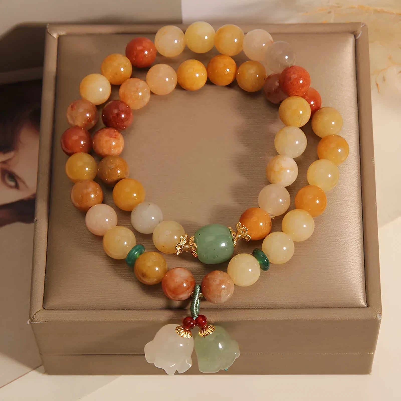 Women's natural jade multi-layer bracelet with orchid-coloured pendant
