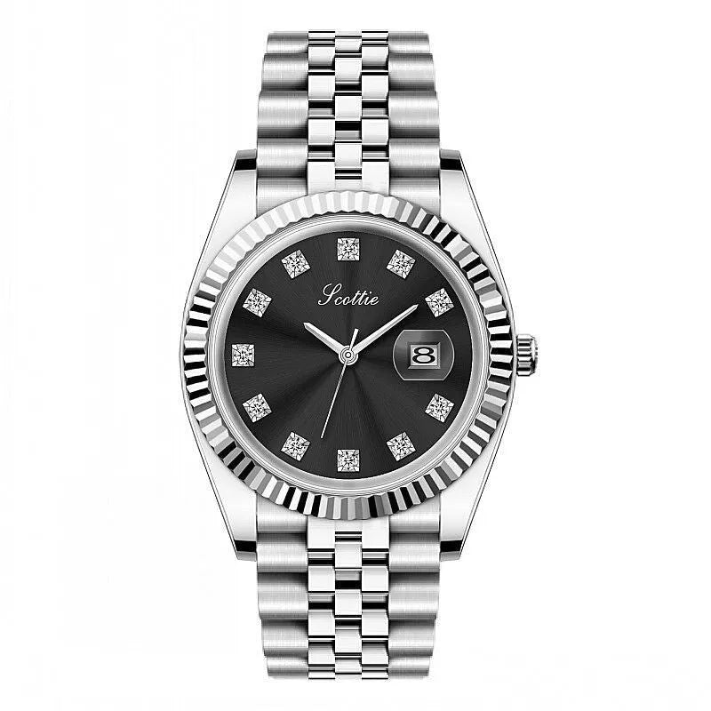 Women's casual quartz watch with solid steel belt, gold case, and white dial with calendar display