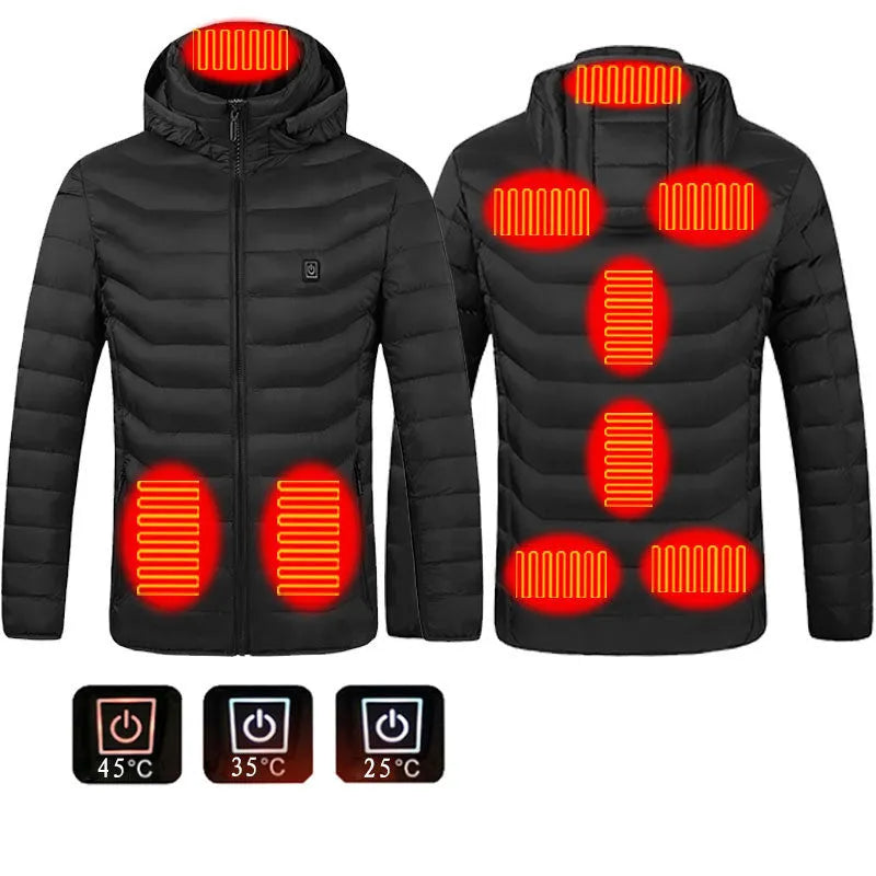 Men's heated puffer jacket in black with hood, electric heating for skiing, side view