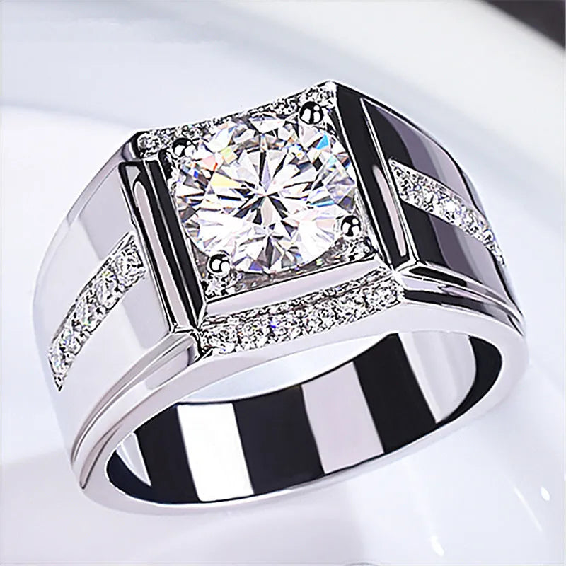 Men's geometric diamond zircon ring with adjustable opening in copper with electroplated finish
