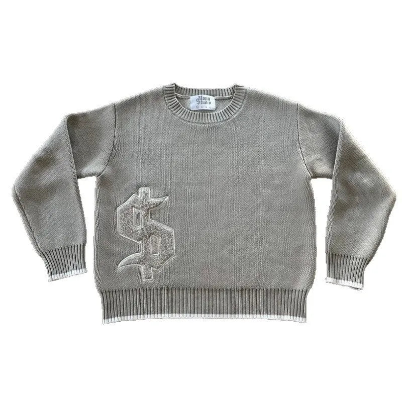 Grey jacquard patterned loose-fitting knitwear coat with long sleeves