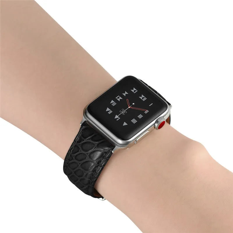 Genuine crocodile skin leather watch strap for 38-40mm watch cases in black with rose gold hardware