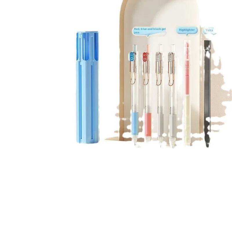 Plastic six pen pencil case kit with pressing pen in sky blue, white, or pink.