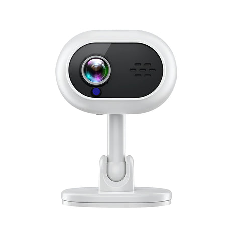 White 1080P HD mini WiFi camera with night vision, compact design for indoor monitoring.