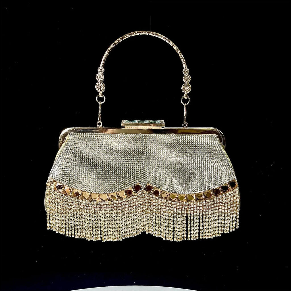 Tassel crossbody banquet bag in polyester shell shape with diamond chain and open pocket, available in black, gold, or silver