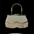 Tassel crossbody banquet bag in polyester shell shape with diamond chain and open pocket, available in black, gold, or silver