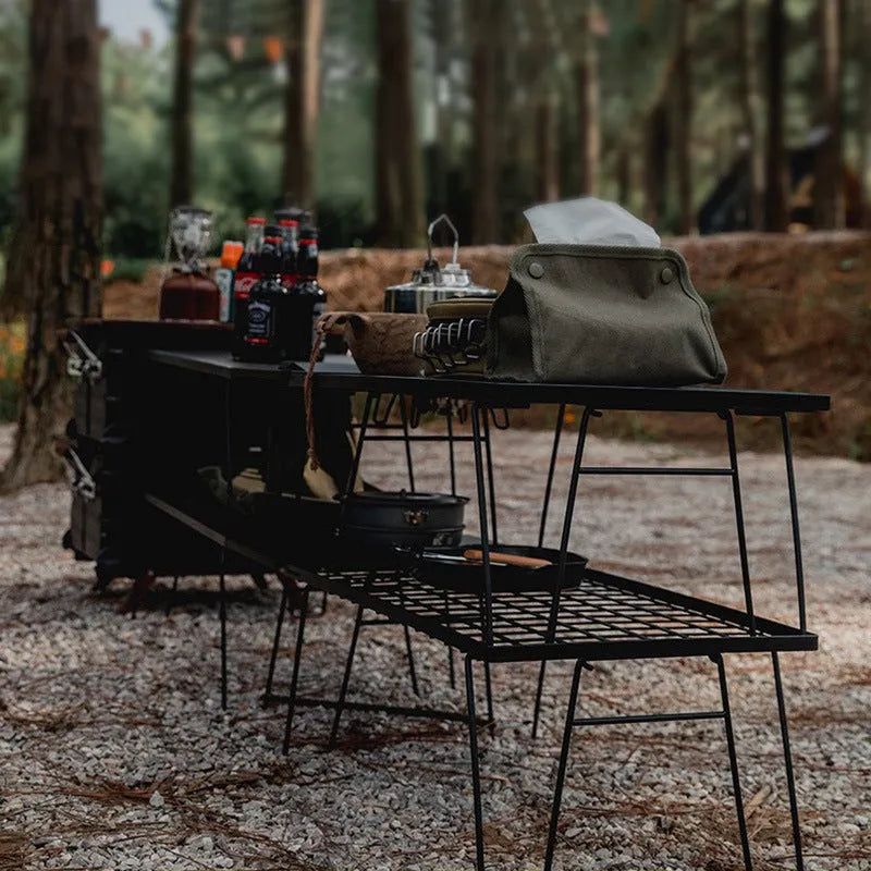 Outdoor portable iron folding table with double layer shelf and storage bag for camping and barbecue