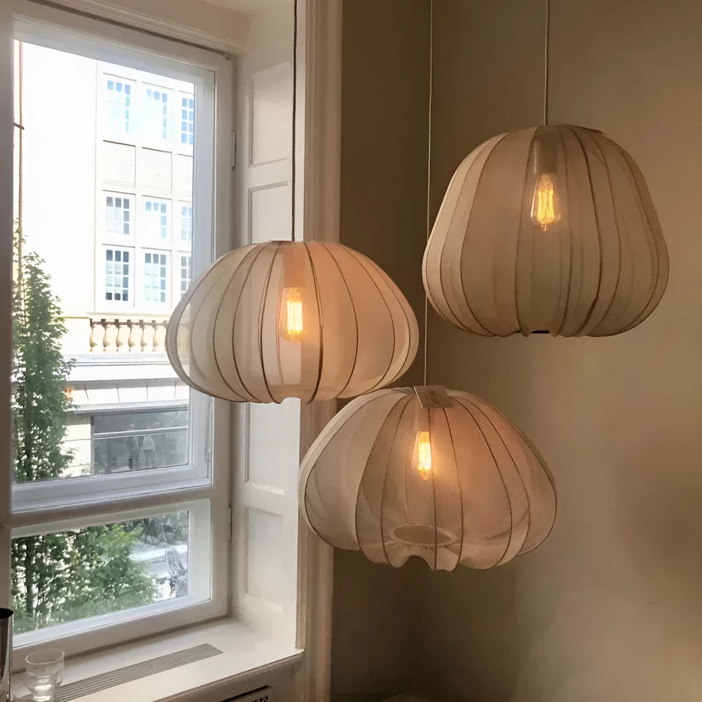 Japanese style white iron branch ceiling lamp with multiple LED lights hanging down.