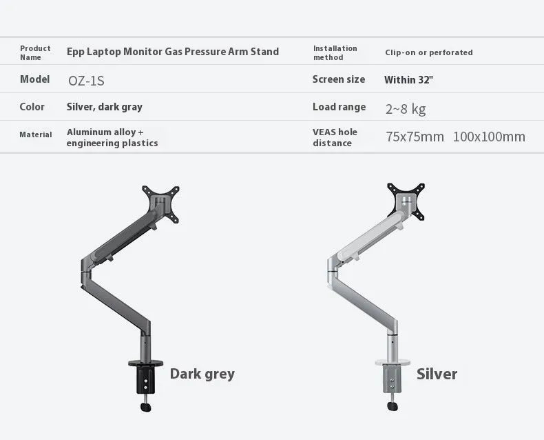 Aluminium laptop stand with adjustable arm bracket in silver colour on desk