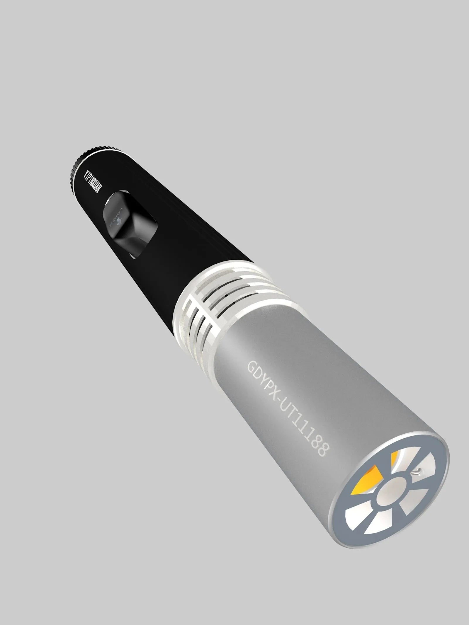 Metal portable flamethrower torch with frosted finish and child lock.