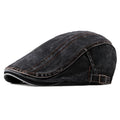 Fashion wash denim beret in black with flat-top crown and curly brim for unisex wear