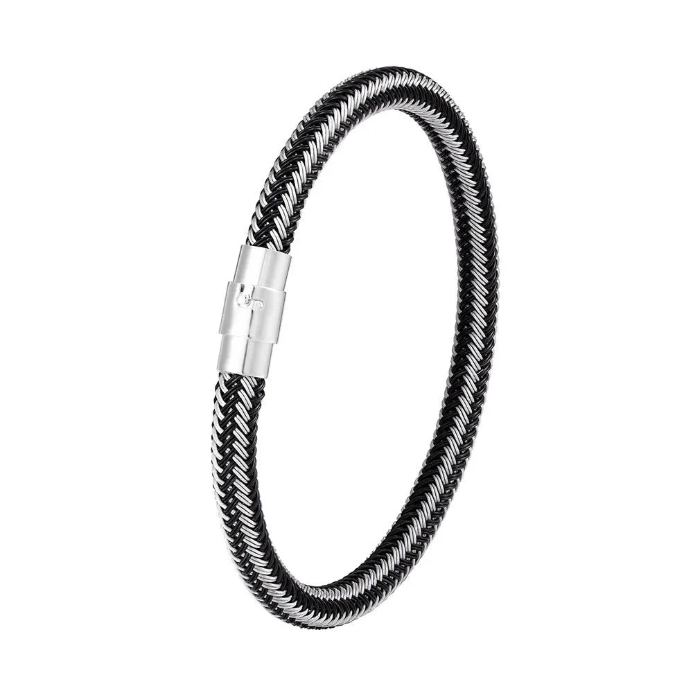 Geometric titanium steel wire bracelet with a magnetic clasp on a wrist, shown in a silver tone.