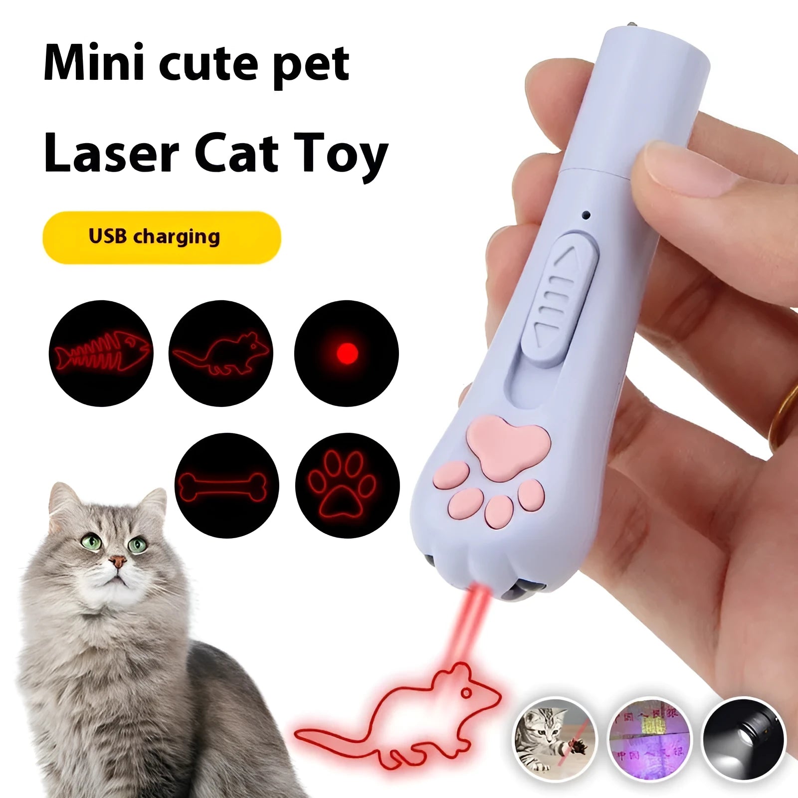 Rechargeable cat teasing stick with multiple light patterns in pink colour option