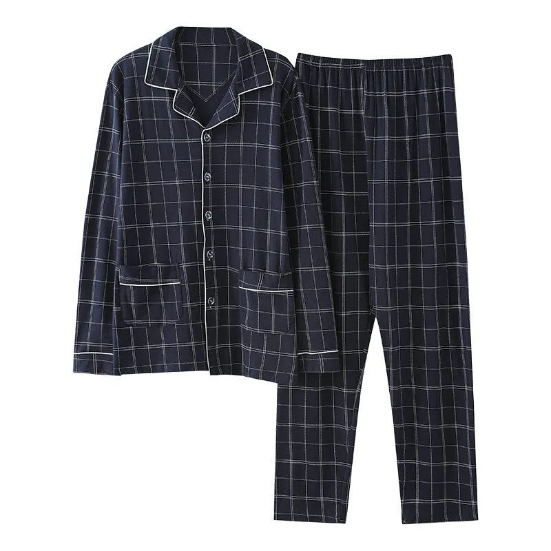 Cotton cardigan pajama set for middle-aged men, long sleeves, casual style, five colour options, sizes M to XXXXL