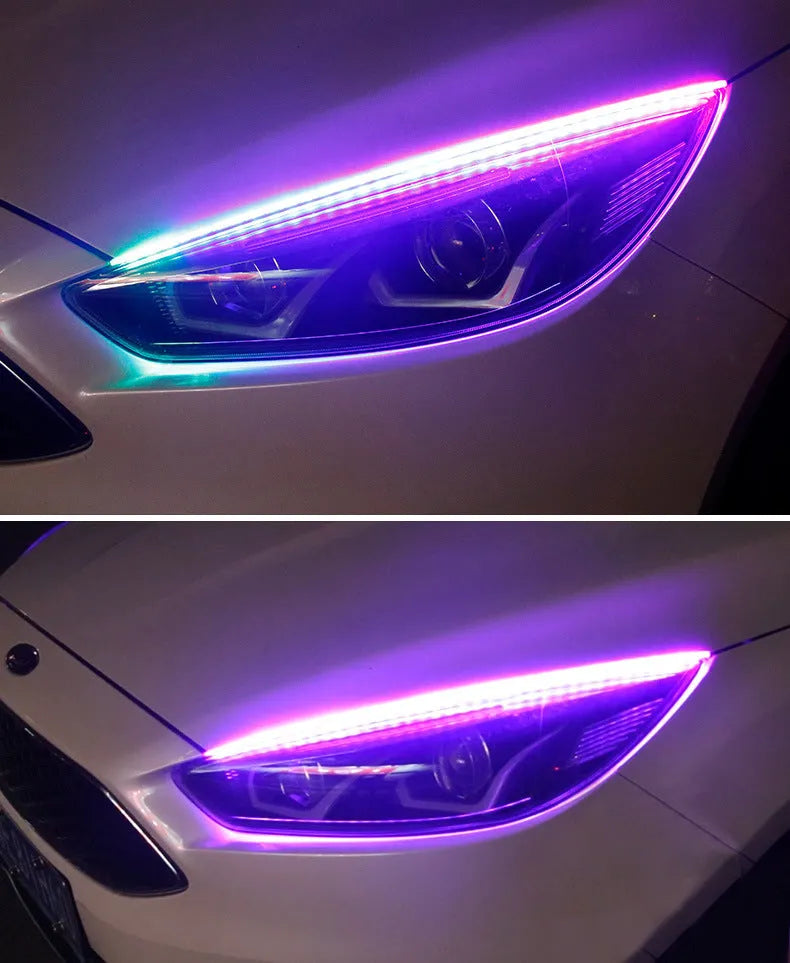 RGB colour-changing LED daytime running light strip with remote control in 30cm, 45cm, and 60cm sizes.