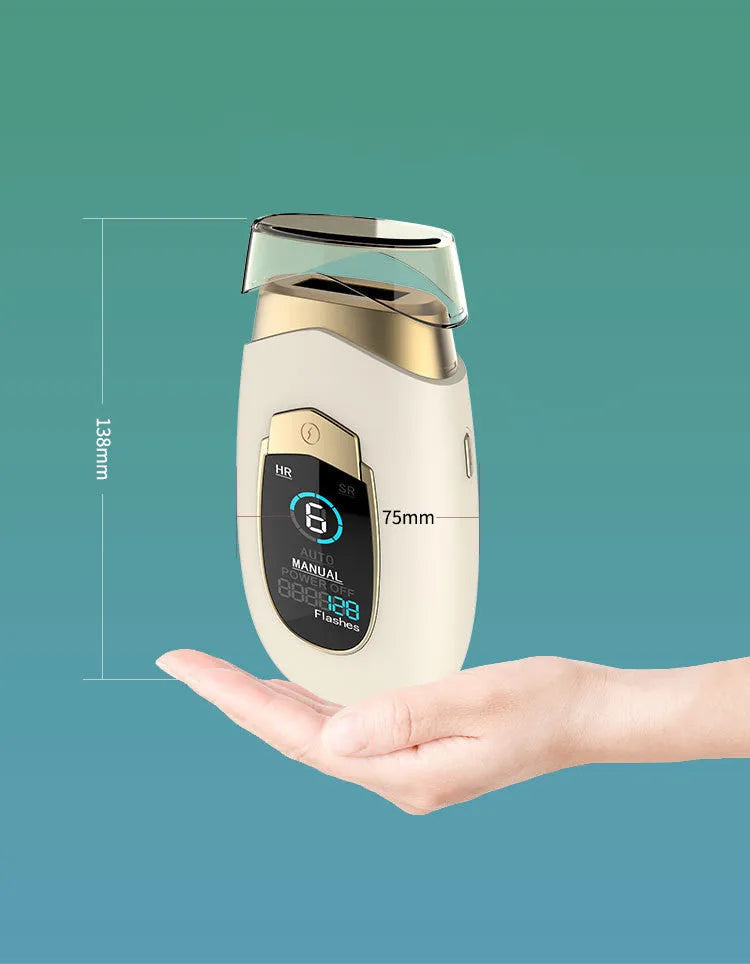 Home laser hair removal equipment in DH4 beige with handset, goggles, and power adapter on a tabletop