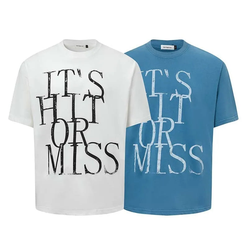 Men's blue American-style letter printed cotton blend T-shirt with round neck and loose fit design