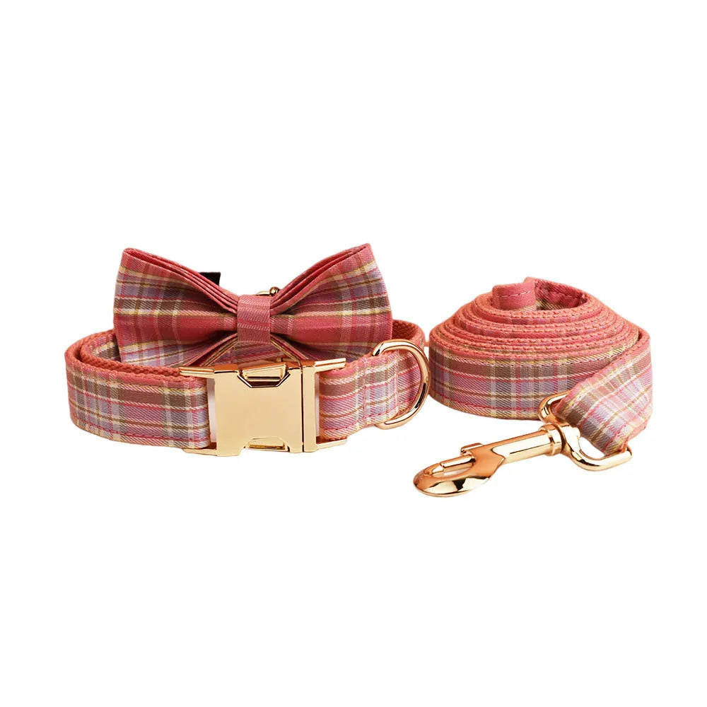 Plaid dog collar and matching leash set with decorative bow and vest for special occasions