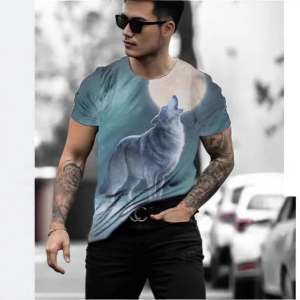 Close-up of a man's grey T-shirt featuring a detailed retro-style 3D tiger print on the chest.