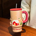 Large capacity 800ml white porcelain Christmas mug with cartoon pattern and red elk design on rustic background