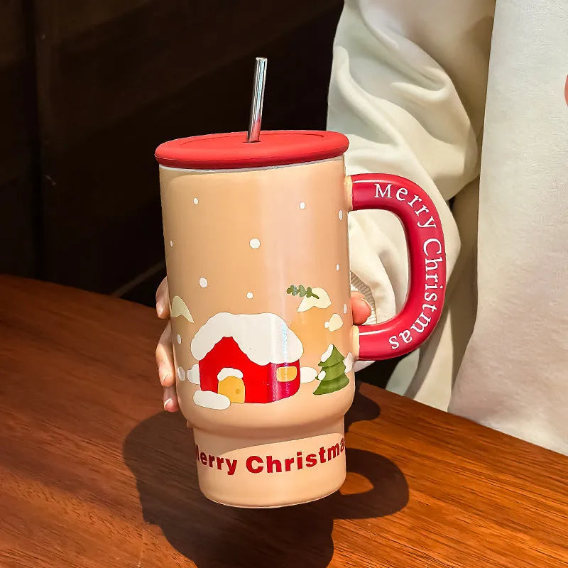 Large capacity 800ml white porcelain Christmas mug with cartoon pattern and red elk design on rustic background