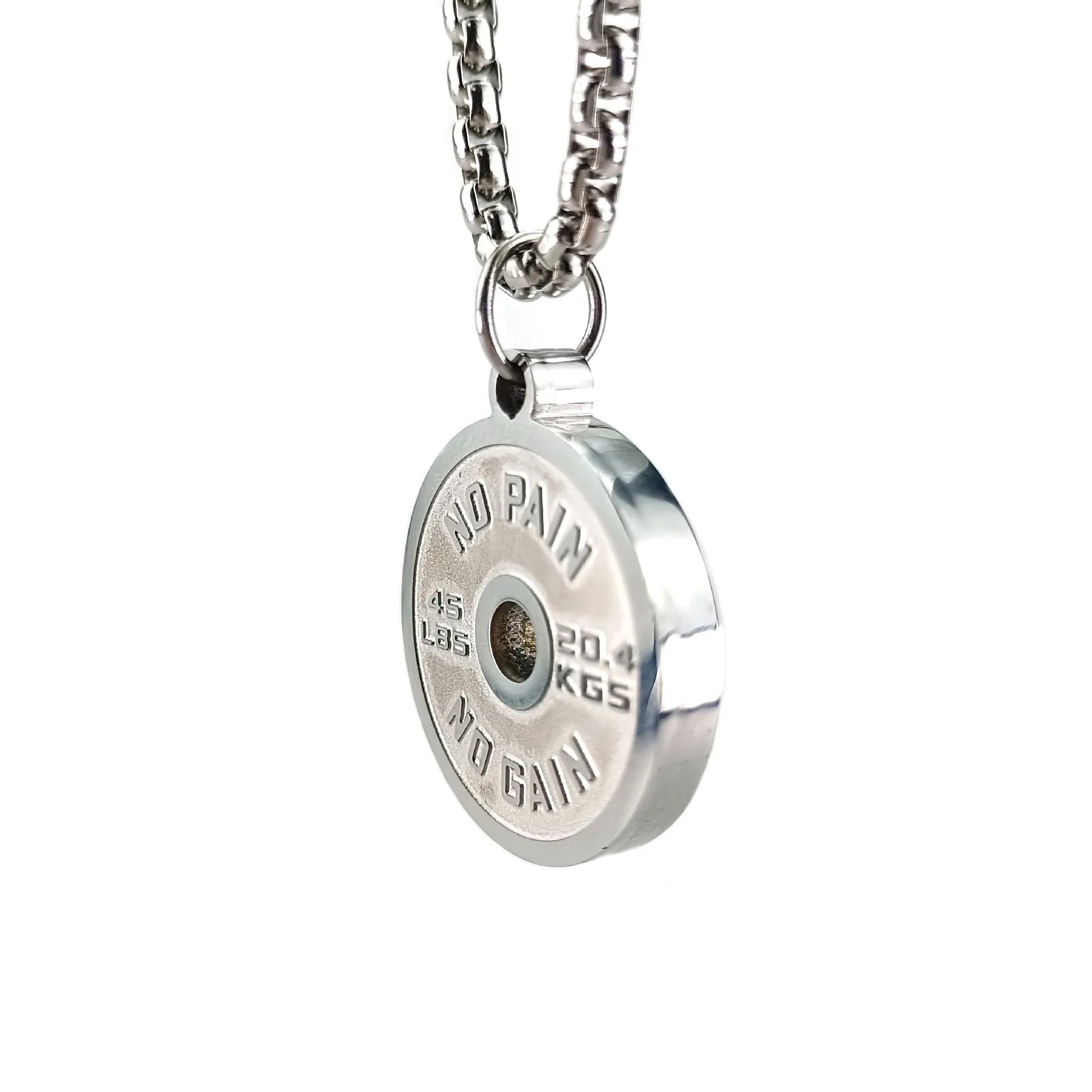 Stainless steel barbell disk pendant necklace with geometric sports design on 60cm chain