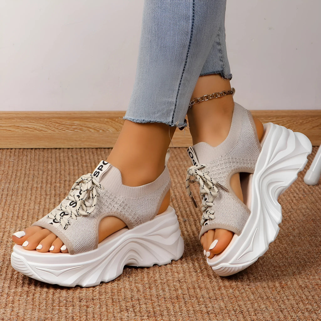 Women's hollowed-out mid heel mesh platform sandals in beige, front lace-up, round toe