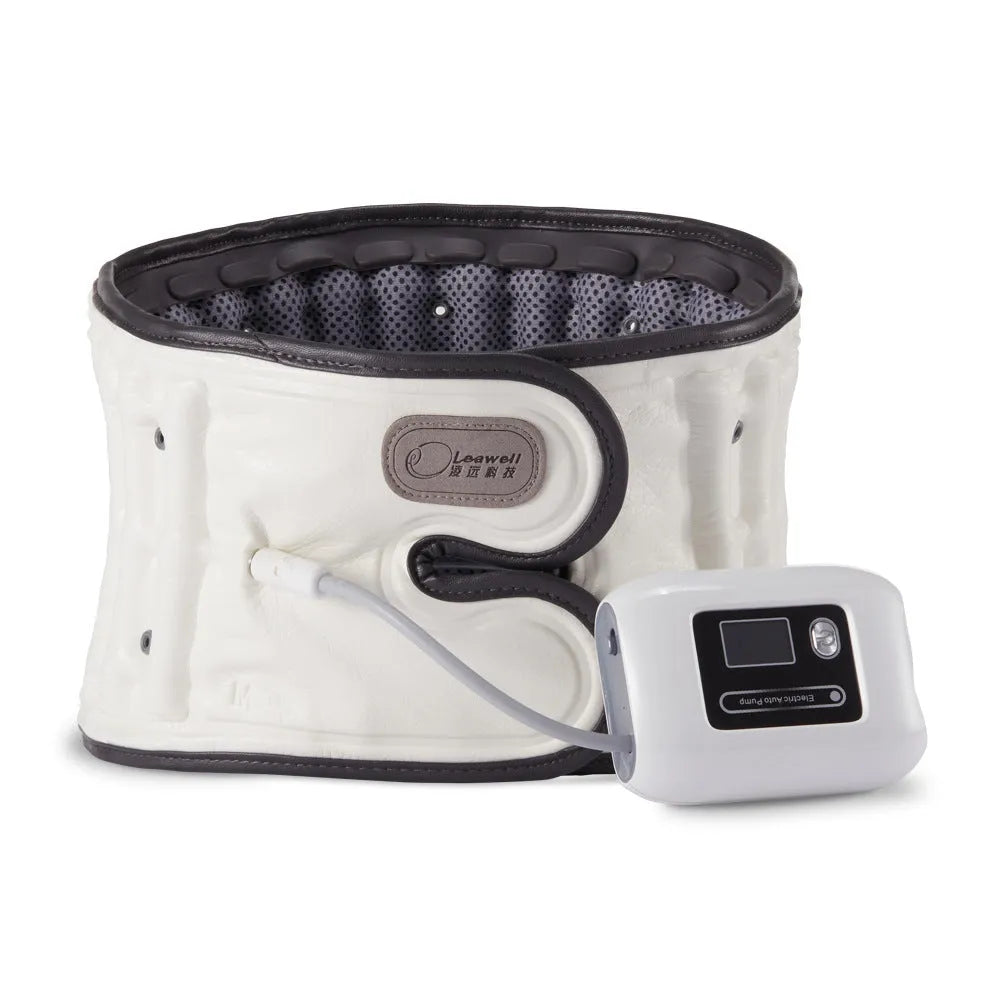 White electric lumbar waist supporter with automatic inflation, shown with a 220V two-pin flat plug.