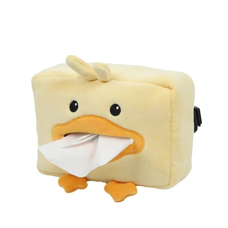 Hanging plush cartoon tissue box with elastic strap for car armrest or office chair mounting