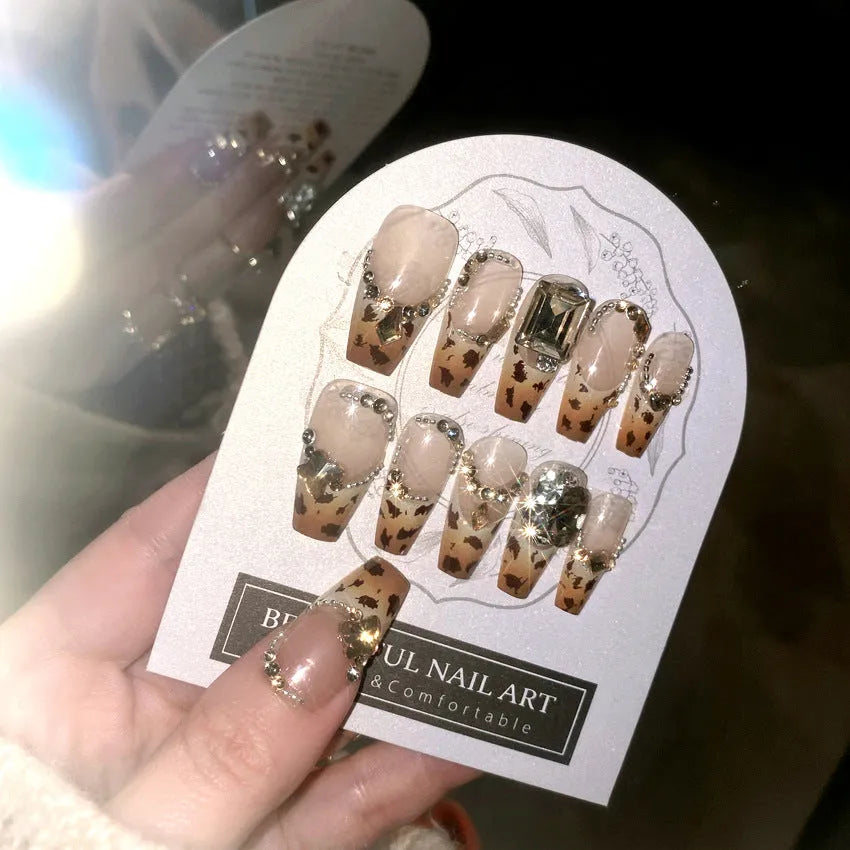Leopard print wearable nail armor set with advanced flash finish on a white background
