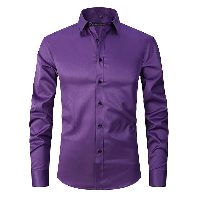 Men's stretch long sleeve work shirt in polyester, shown in a light colour variant with a button front.