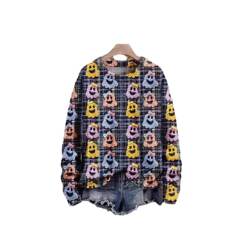Digital print fashion round neck women's sweater with 3D effect pattern in colour TC032hwj, regular fit pullover style