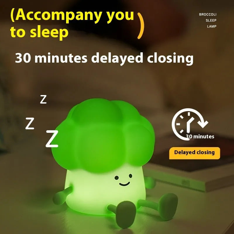 Cartoon eggplant and broccoli character night lamps with soft yellow ambience lighting