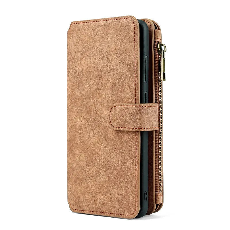 Samsung wallet style phone case with card slots in black, brown, and red, handmade from TPU and PC