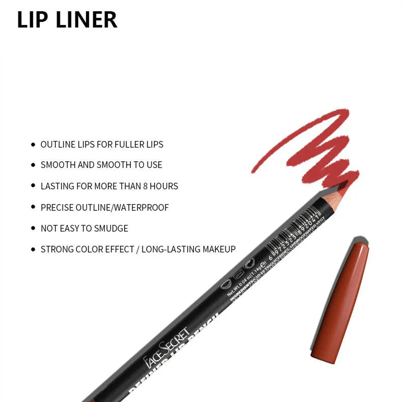Matte finish lip liner pencil in wood-tone shade showing precise tip for 24-hour wear