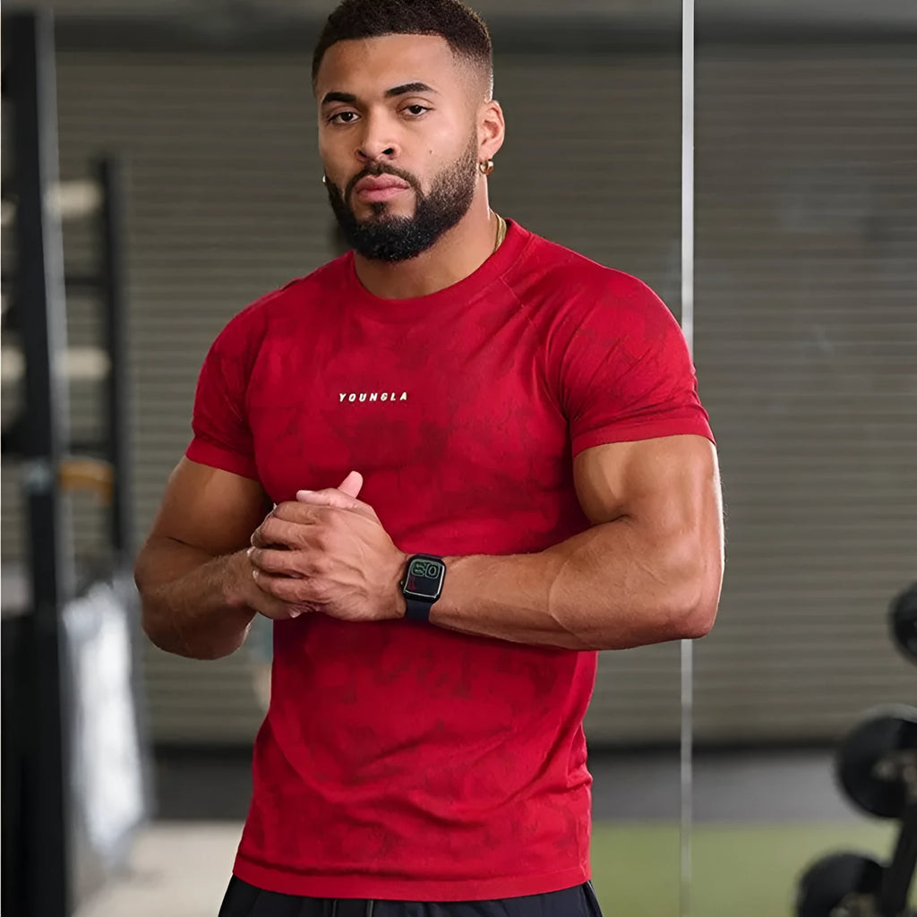 Men's camouflage sports t-shirt in milk silk fabric, front view, available in multiple colours